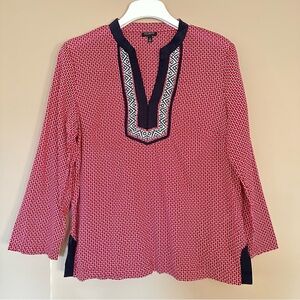 Talbots Women M Tunic Top Red White Blue Embroidered Split Neck 100% Cotton USA